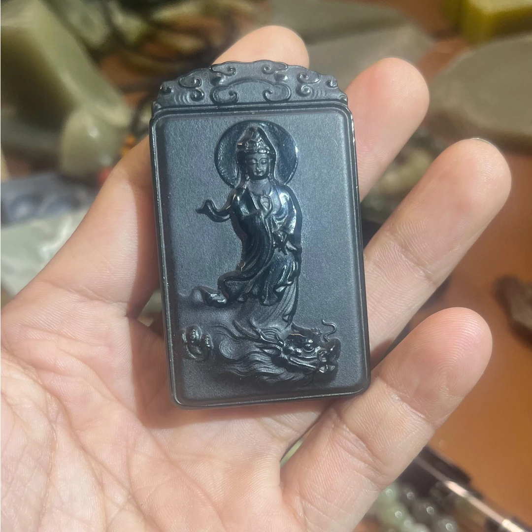 【特价】和田玉 黑青 观音无事牌