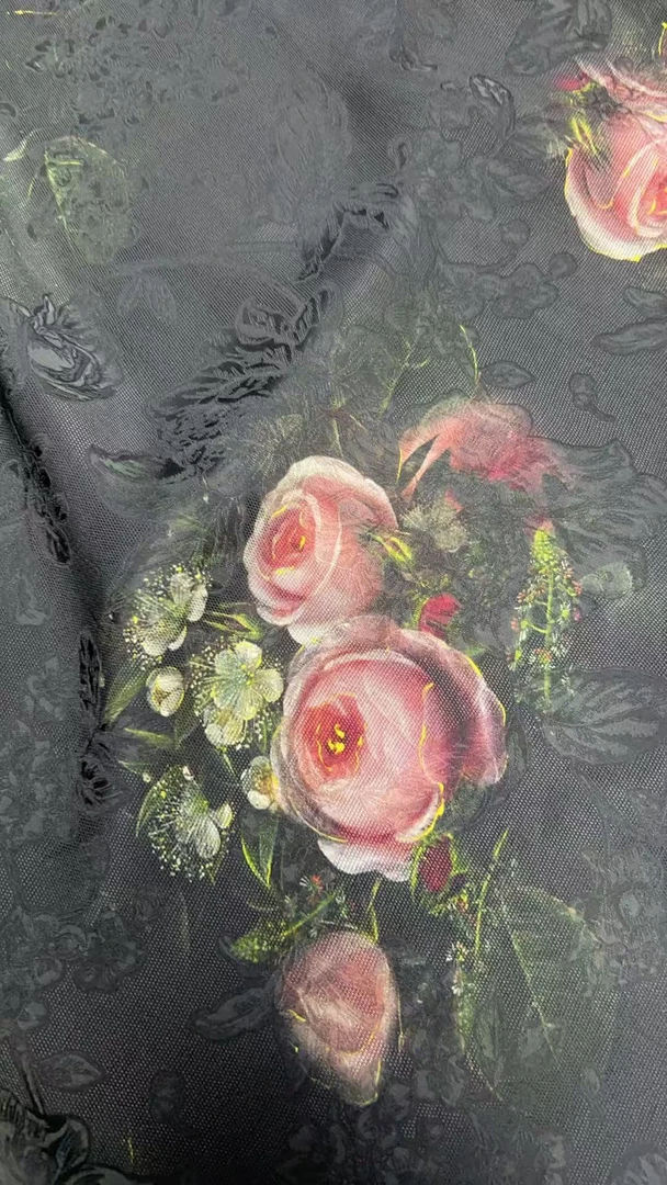 角萝黑底粉玫  新中式角萝  数码印花面料