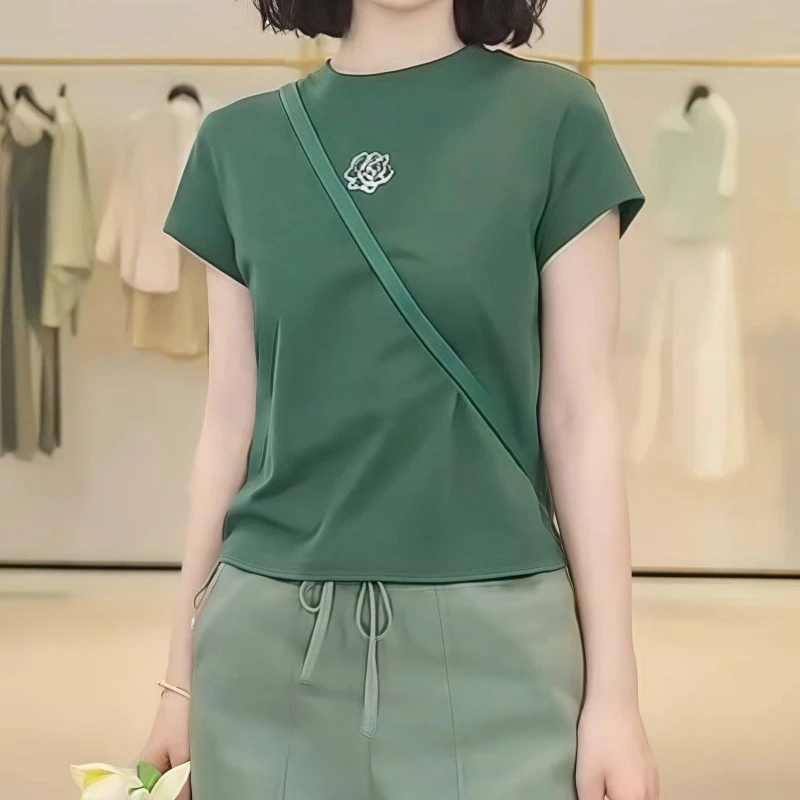 素订女装原创品牌旗舰店夏圆领印花短袖T恤+松紧腰系带裤子两件套