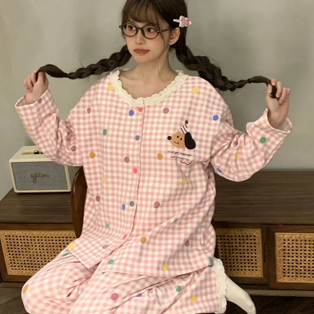 格子睡衣女春秋季彩色波点小狗日系可爱长袖长裤家居服可外穿套装