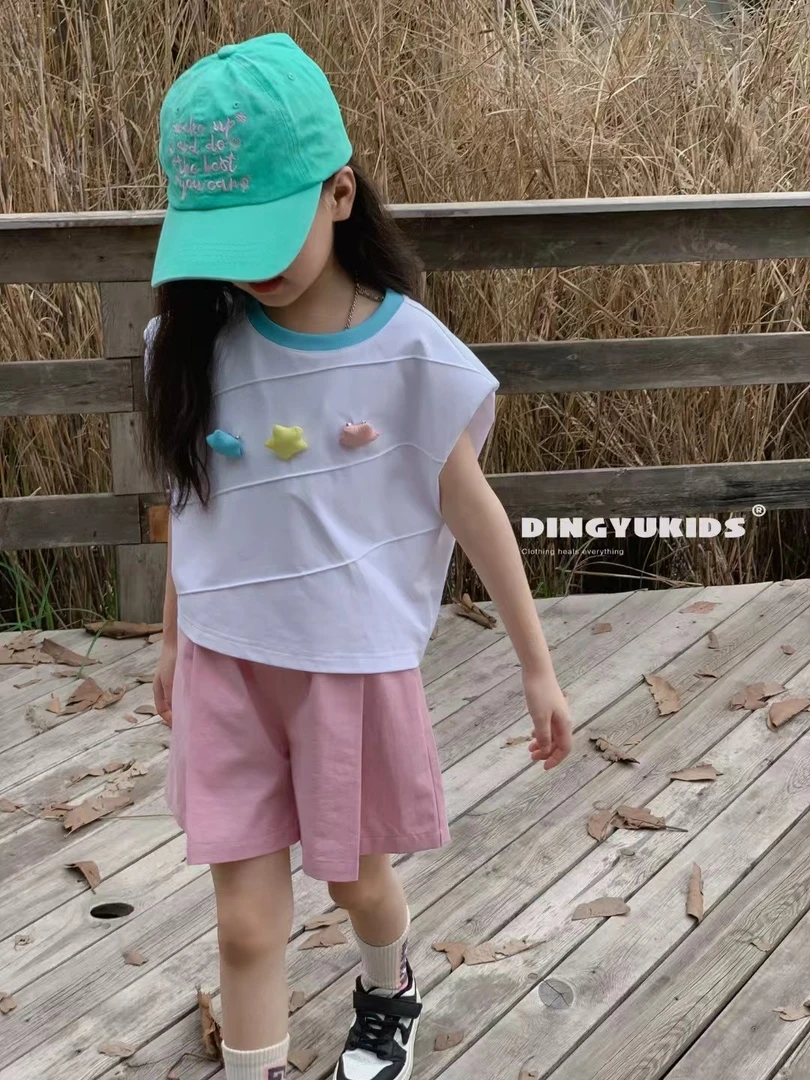 【町】落肩无袖带垫肩多巴胺星星T