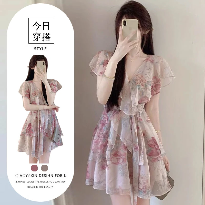 夏季短裙度假雪纺连衣裙法式大码气质mm绑带碎花荷叶边印花连衣裙