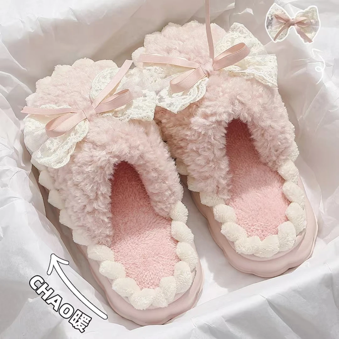 酷如意毛毛绒棉拖鞋女士冬季2025新款蝴蝶结室内家居保暖厚底棉拖