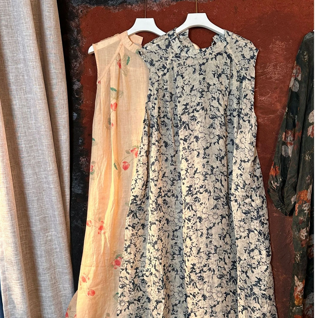 A字裙印花圆领夏季无袖连衣裙长袖设计师长裙旗袍裙子国风