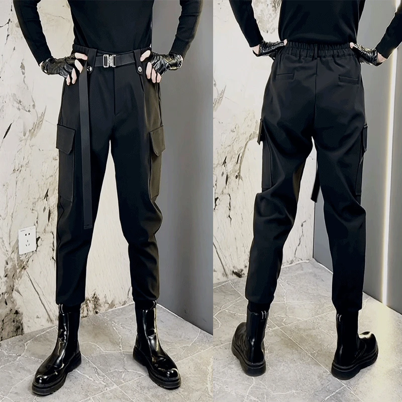 春秋款加厚休闲裤新款自带腰带重装哈伦裤高品质男士束脚工装裤
