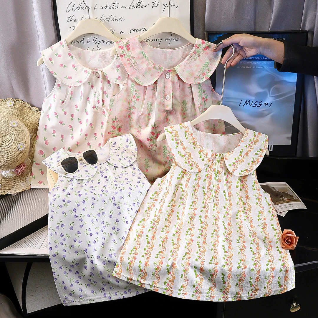 新款儿童碎花连衣裙夏季女童吸汗透气甜美娃娃领无袖裙夏天公主裙