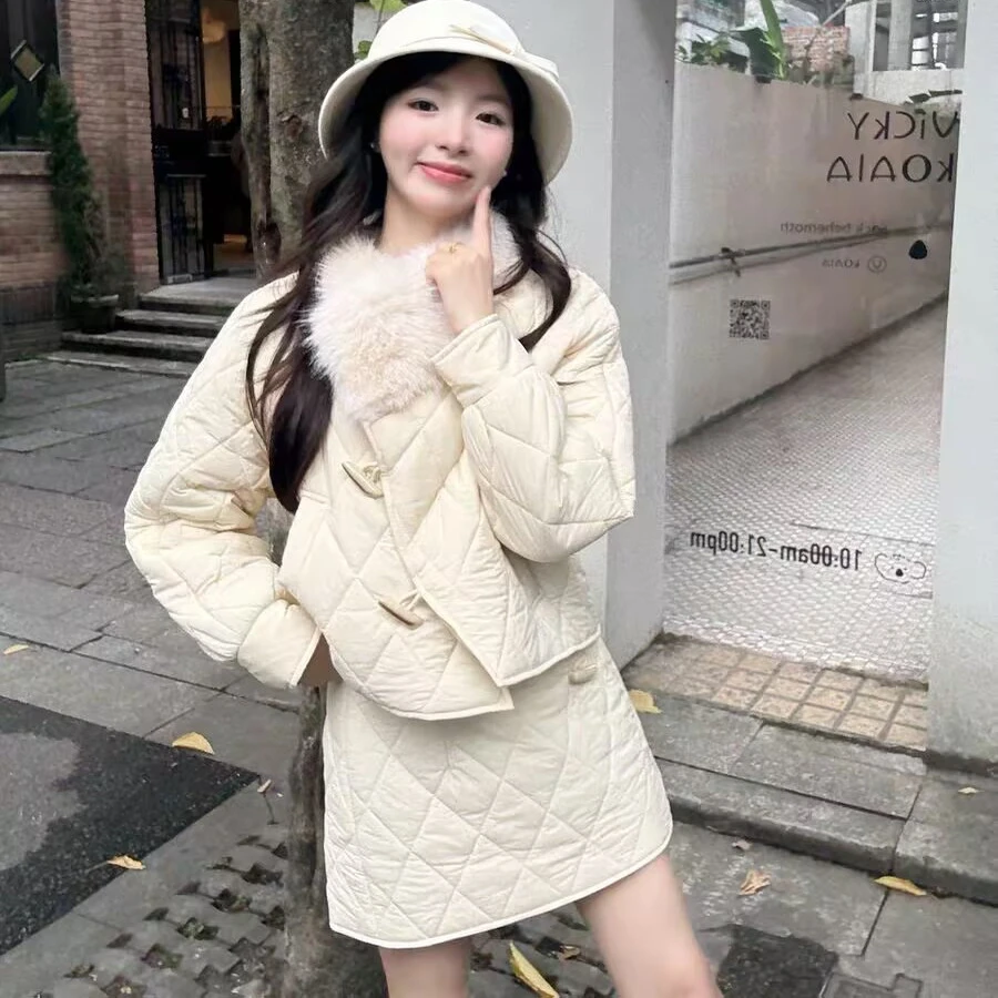 胖mm小香风千金套装女时尚气质保暖棉衣外套搭配半身裙大码两件套