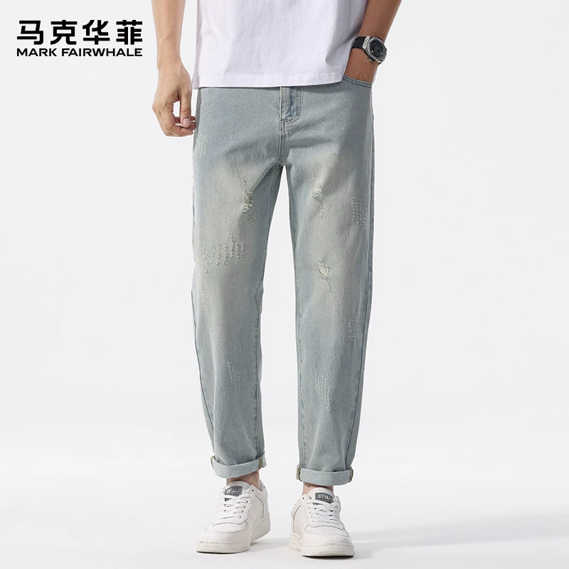 马克华菲夏季薄款纯棉牛仔裤男士宽松直筒男裤美式潮牌破洞长裤子