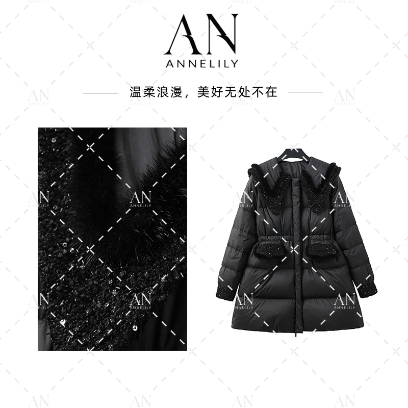 ANNELILY【一天】新款上新设计感气质海军领羽绒服外套AW2412083