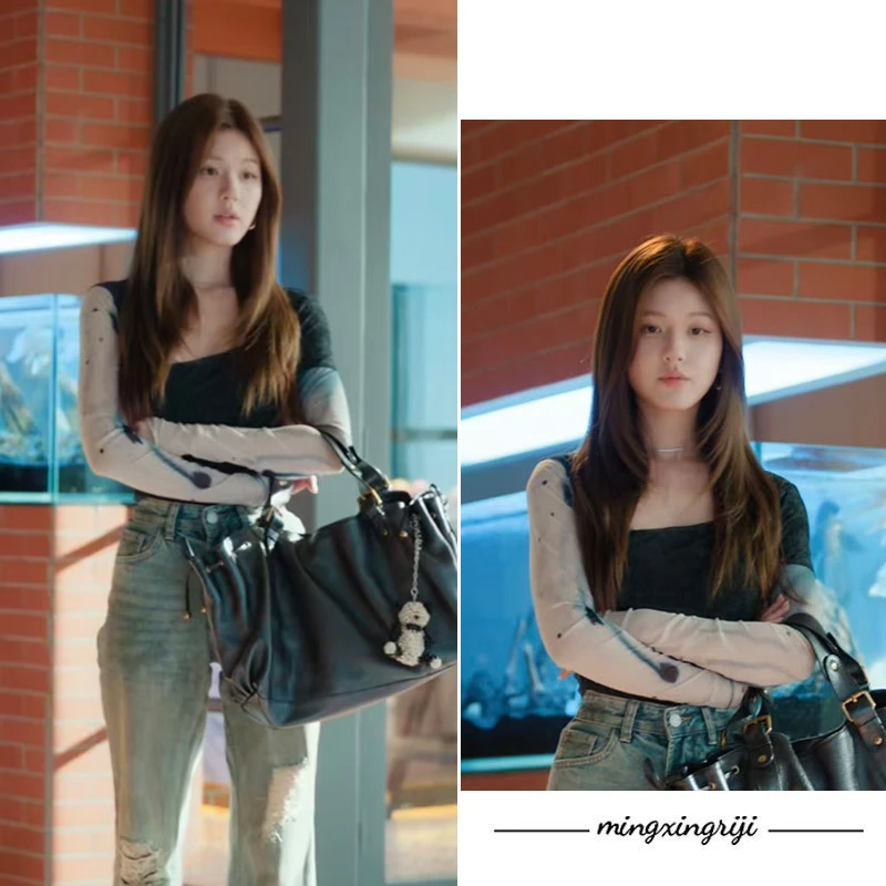 许我耀眼露思许妍同款方领设计感拼接印花长袖T恤小众辣妹上衣