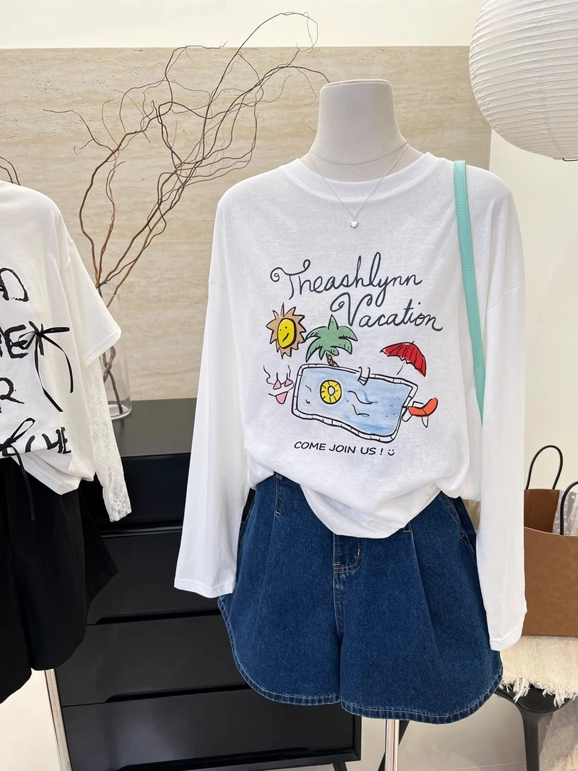 夏季简约韩系薄款卡通创意印花宽松显瘦白色长袖T恤女防晒衫罩衫