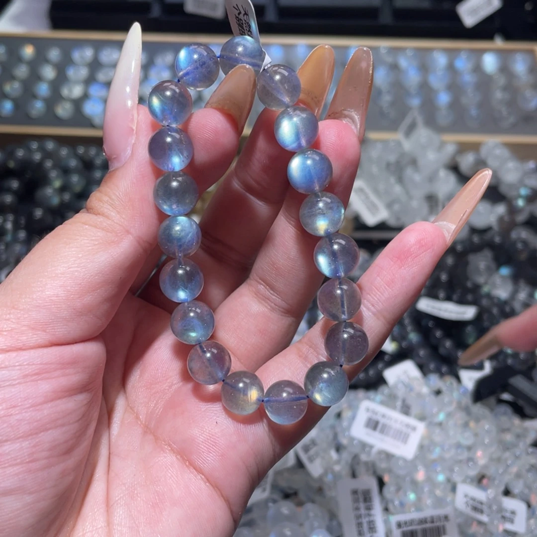 长石未镶嵌手链灰月光炫彩拉长石手链9.6mm