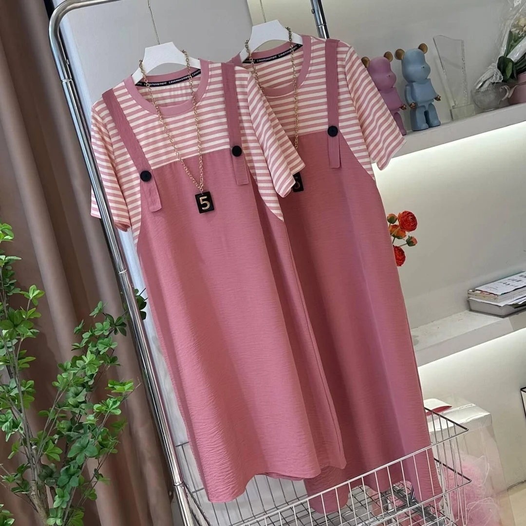 条纹假两件连衣裙夏季显瘦休闲韩版时尚拼接大码中长裙宽松遮肚子