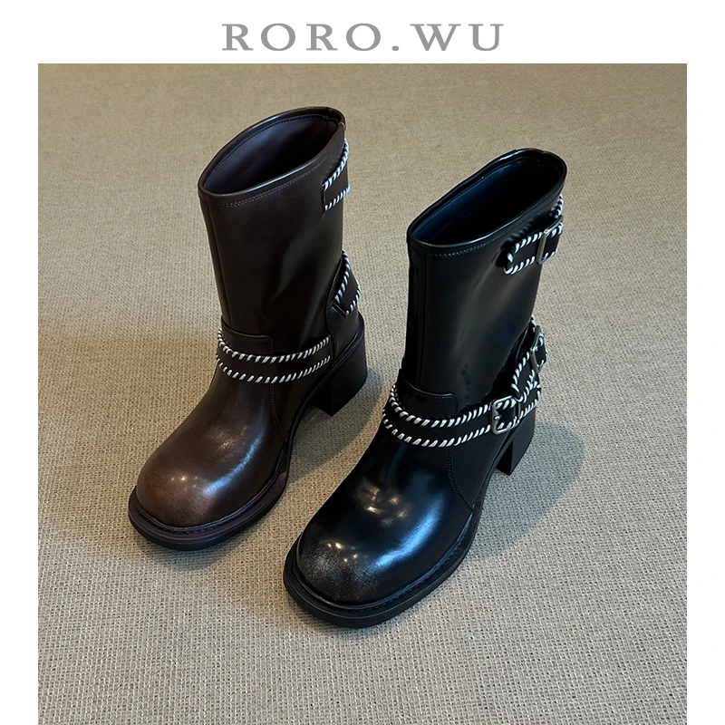 娆娆吴·牛皮经典法式复古套筒个性皮带扣高跟短筒马丁靴X396