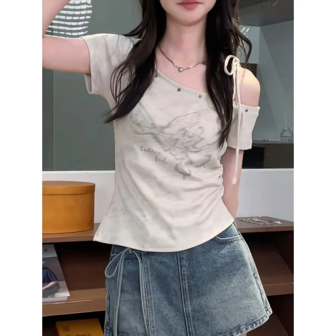 法式蝴蝶印花露肩抽绳短袖T恤2025新款甜美风设计感显瘦百搭上衣