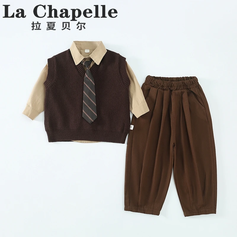拉夏贝尔男童三件套2025新款春秋洋气儿童领带马甲痞帅套装LA513