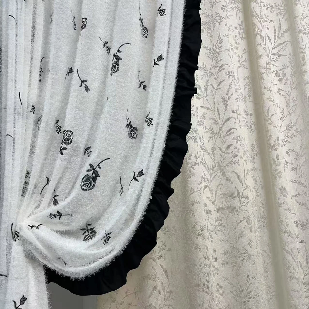 黑色玫瑰毛毛纱法式刺绣复古小香风窗纱