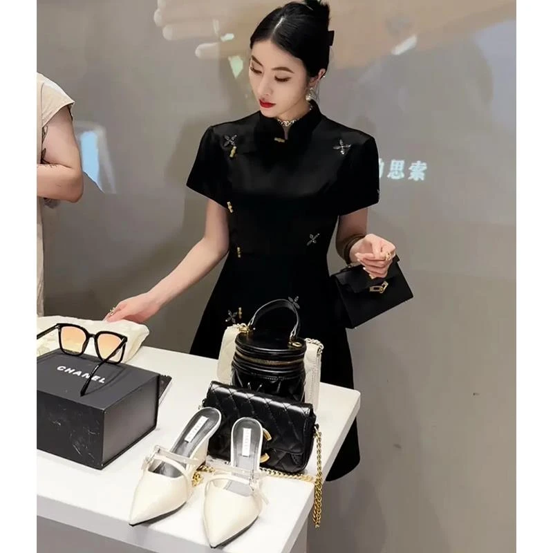 新中式国风旗袍改良年轻款高端轻奢端庄大气气质黑色连衣裙子女夏