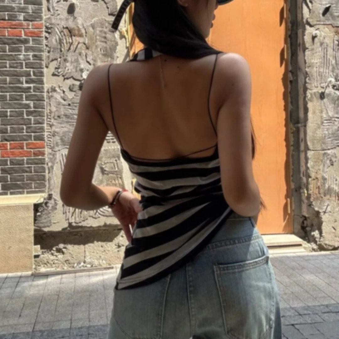辣妹黑灰条纹挂脖背心女夏季美背修身无袖衫上衣