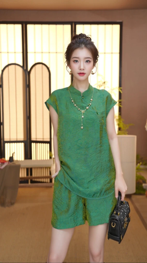 新中式2025夏季气质百搭提花立领国风短袖短裤套装