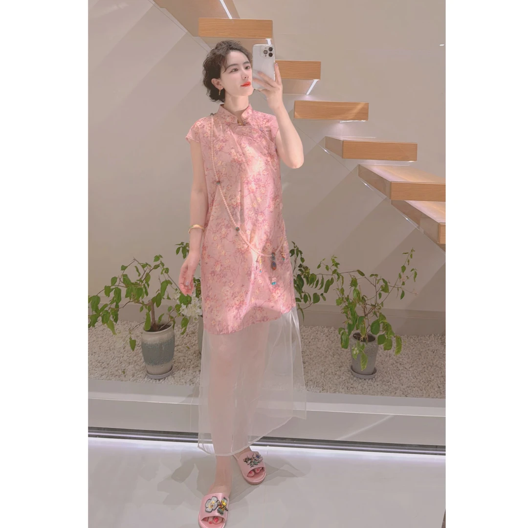 2335《花开夏日》桑蚕丝纱拼接小盖袖连衣裙夏季中长款