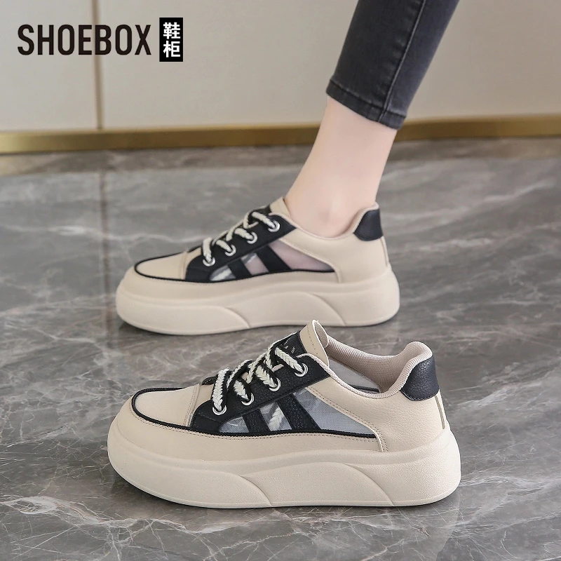 SHOEBOX鞋柜时尚运动凉鞋女2025夏季新款镂空网面透气厚底休闲鞋