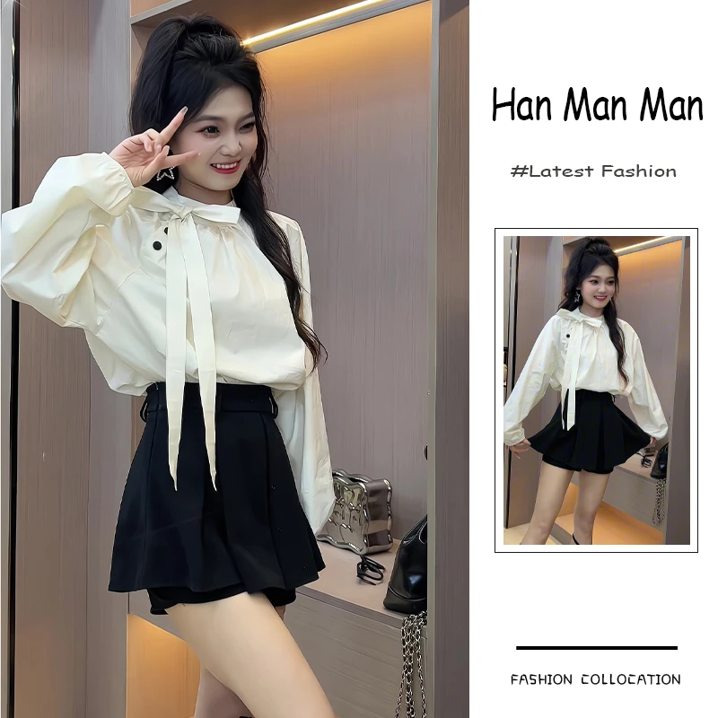 夏季流行穿搭一整套新款2025韩系轻奢设计感圆领衬衫高腰裤裙套装