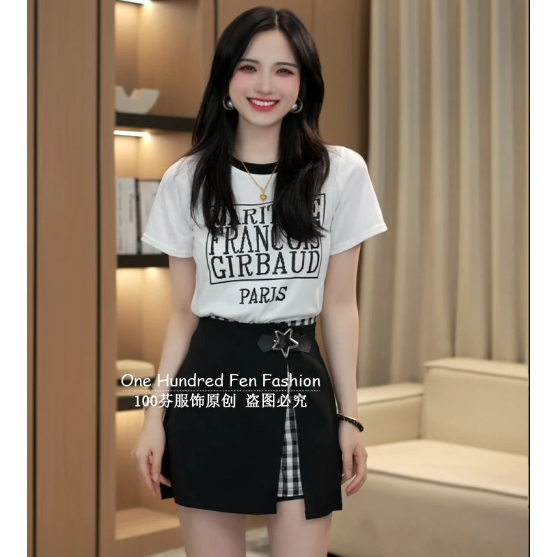 2025夏季新款薄款竹节麻印花T恤短袖上衣显瘦假两件裙裤