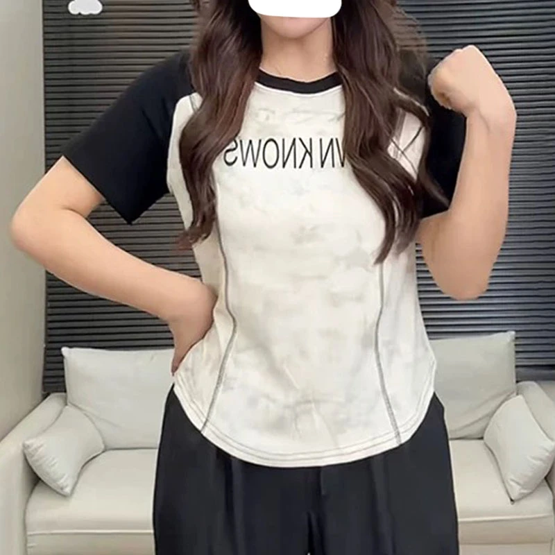 大码200斤韩系简约小众正肩圆领插肩袖字母设计感长袖t恤女上衣潮