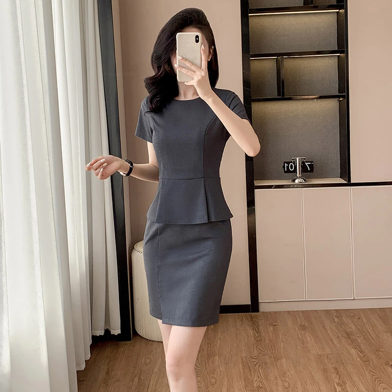 职业连衣裙接待工作服正装夏季新款时尚美容师修身通勤包臀裙遮肚