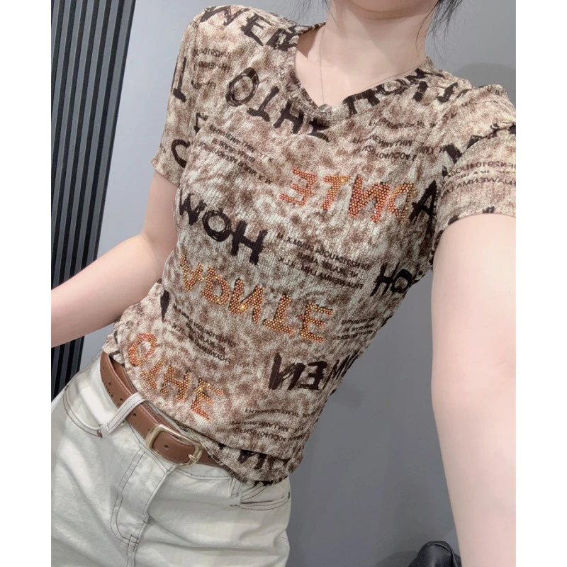 重工烫钻网纱短袖T恤女欧货洋气字母印花百搭修身设计感上衣夏季