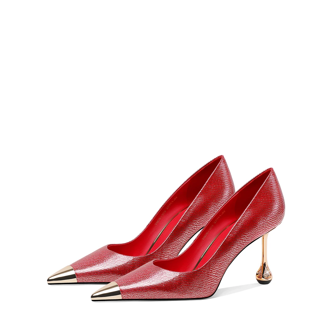 “金镶红履”小众原创高级感红色金属头高跟鞋女2025新款细跟单鞋
