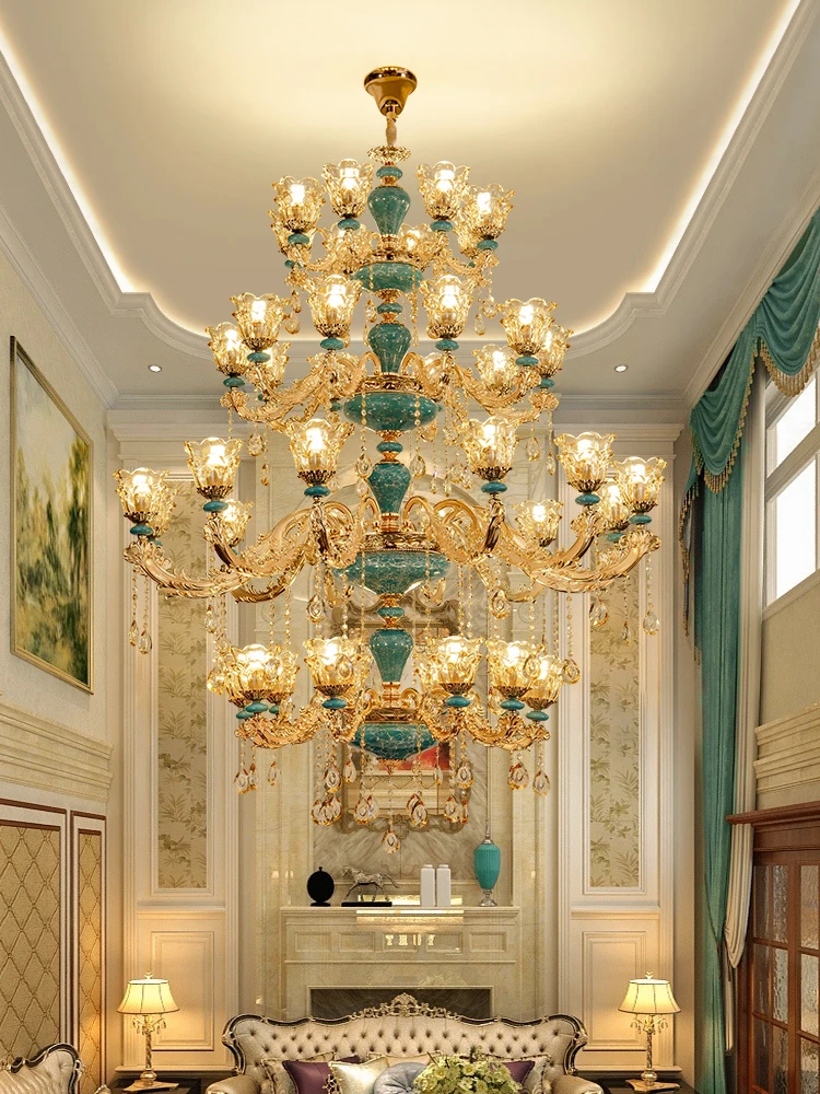 复式楼客厅大吊灯欧式别墅水晶楼梯中空楼中楼挑高跃层自建房灯具