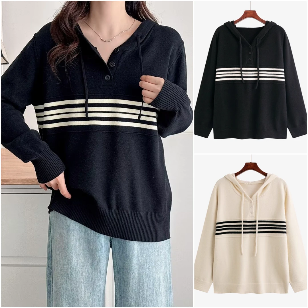 早春微胖MM慵懒风拼色连帽长袖条纹针织衫女大码宽松百搭上衣