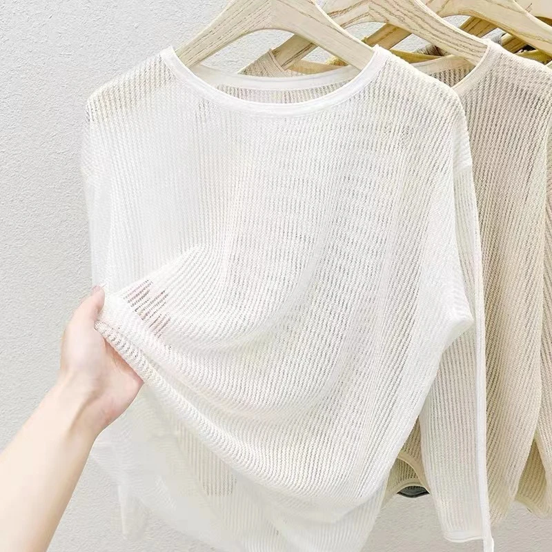 时尚镂空罩衫空调衫防晒上衣新款圆领长袖薄款针织衫女百搭慵懒风