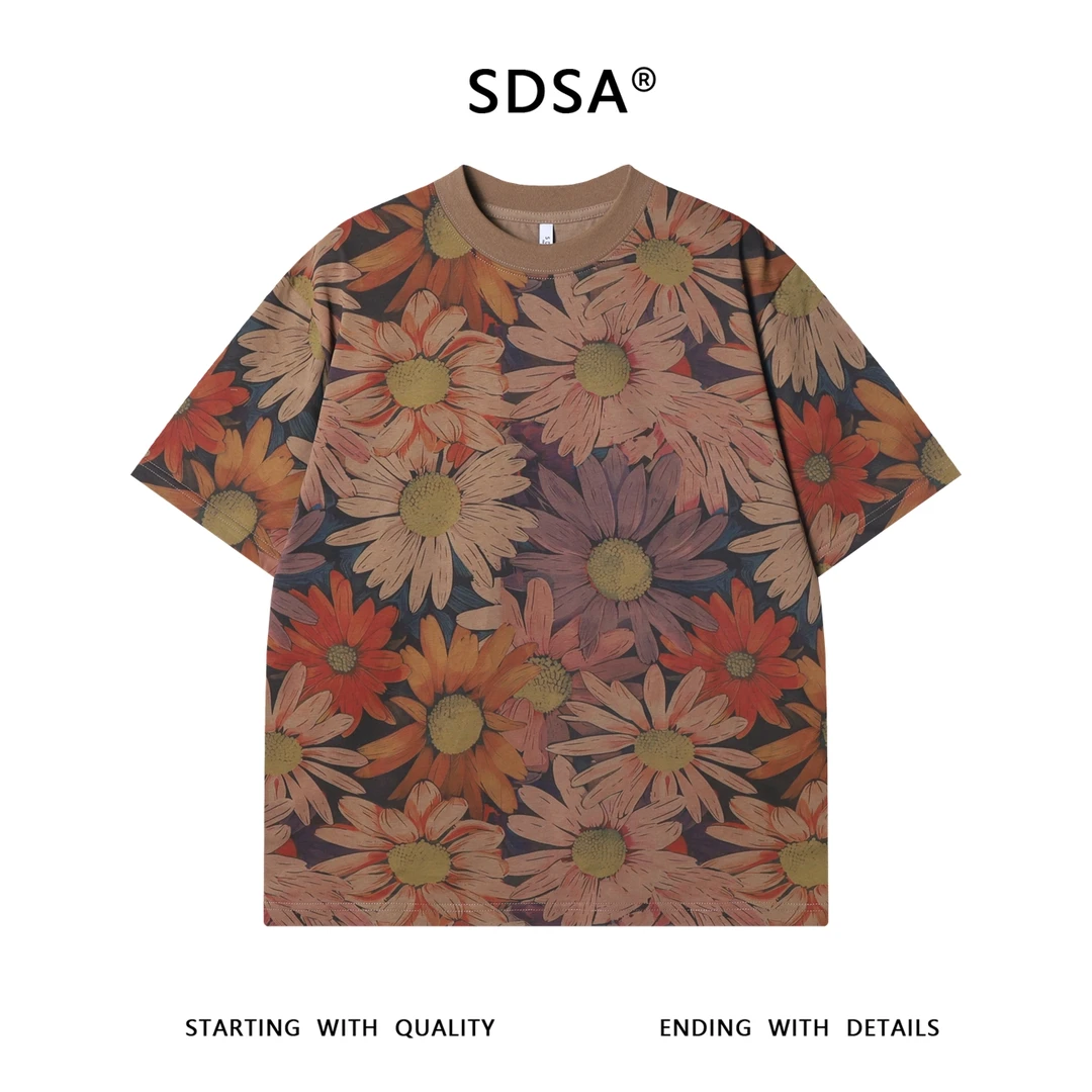 夏季高级感新款潮牌设计感满印撞色向日葵圆领短袖T恤简约上衣