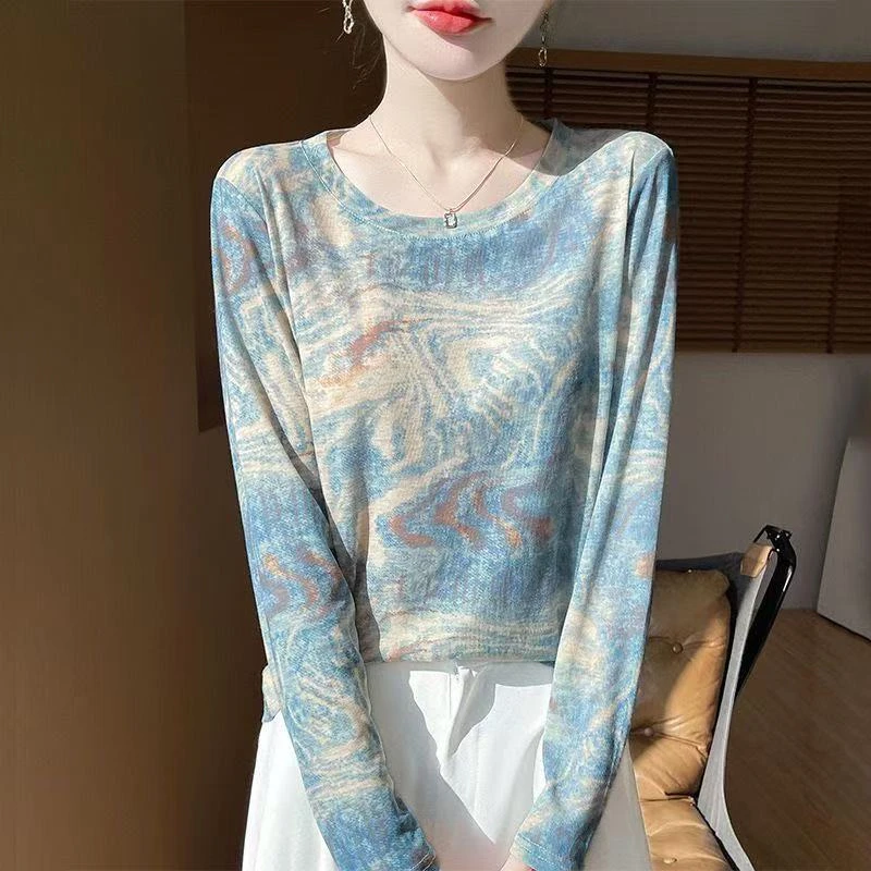 C1时尚水墨印花圆领长袖2025复古T恤洋气薄款新款打底遮肉上衣