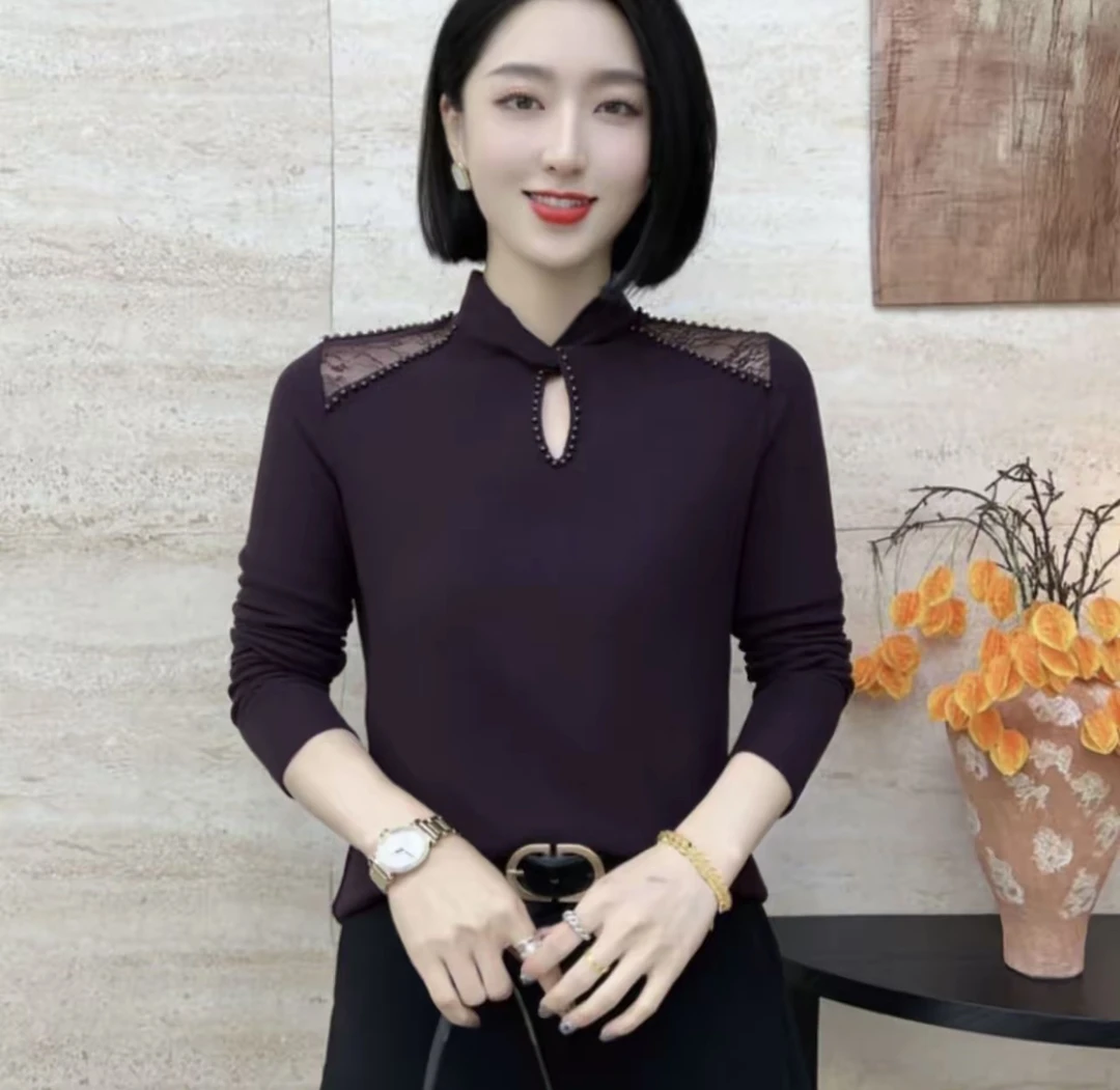 2025秋冬加绒加厚设计感钉珠漏洞洋气百搭时尚显瘦长袖T恤小衫625