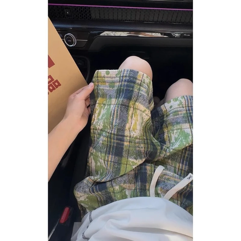 扎染绿色格子短裤男款夏季潮牌美式复古裤子外穿休闲运动四五分裤