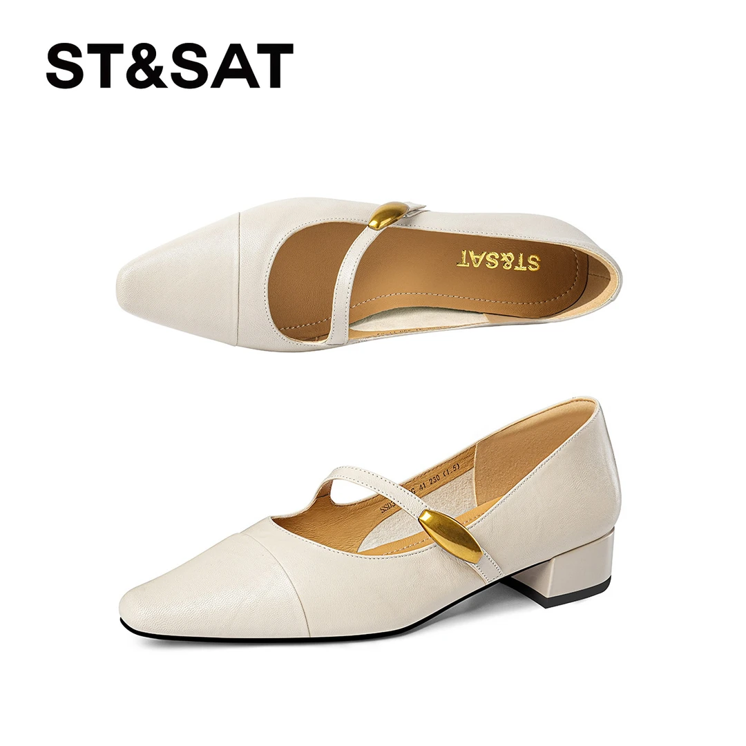 St&Sat/星期六一字扣浅口单鞋粗跟时尚低跟玛丽珍鞋气质百搭女鞋