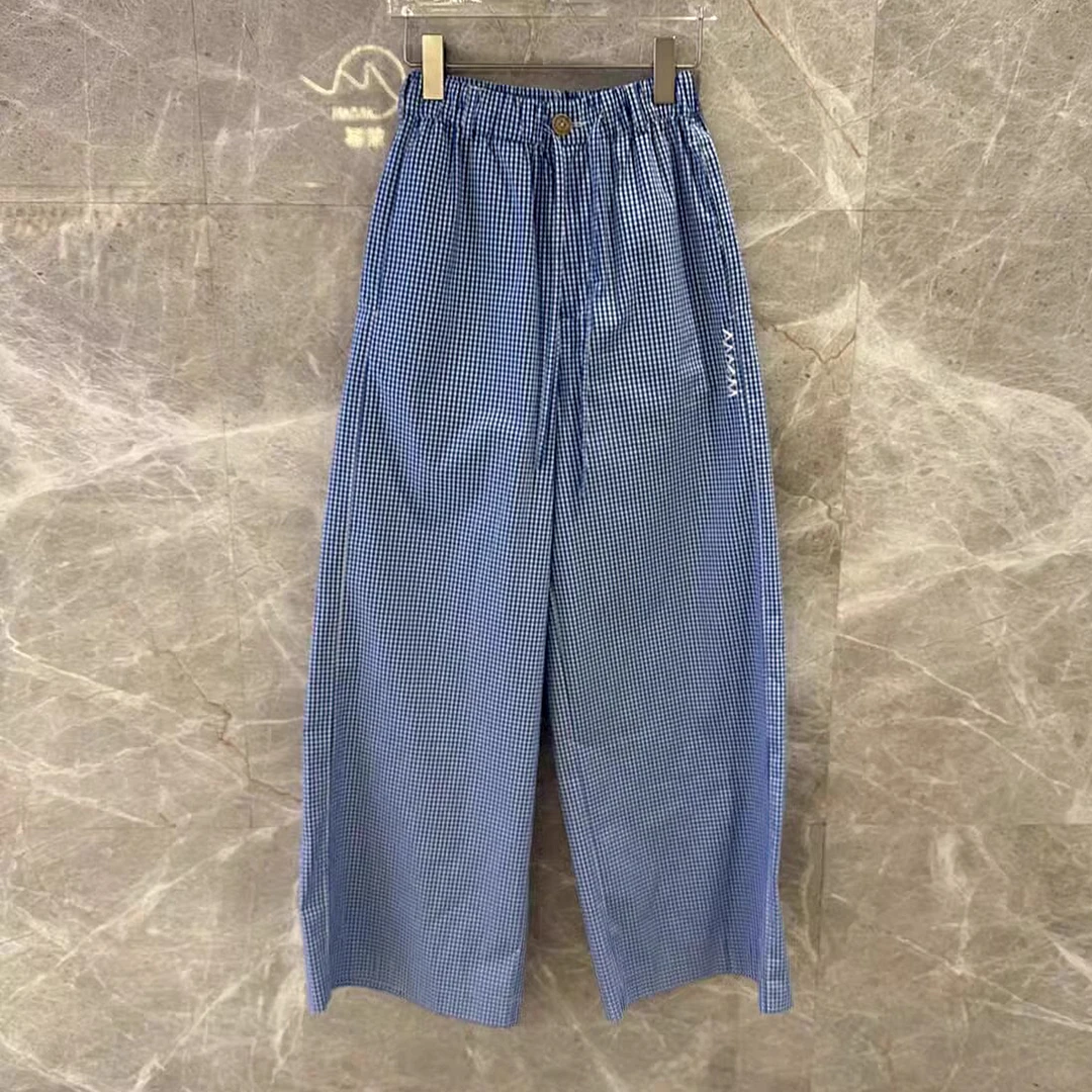 2025夏季新款小众设计字母刺绣抽绳细格纹松紧高腰减龄休闲阔腿裤
