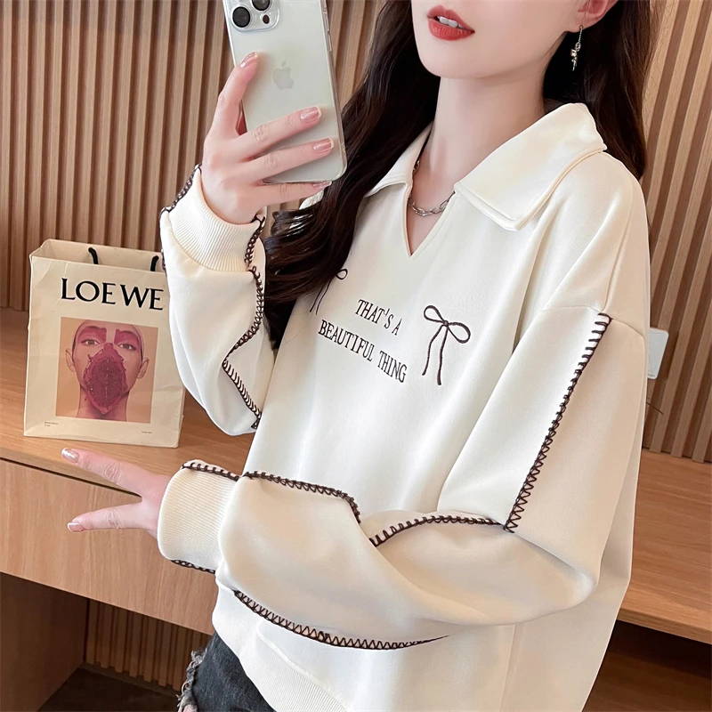 早秋polo领卫衣女2025新款春秋韩版宽松设计感薄款刺绣蝴蝶结外套