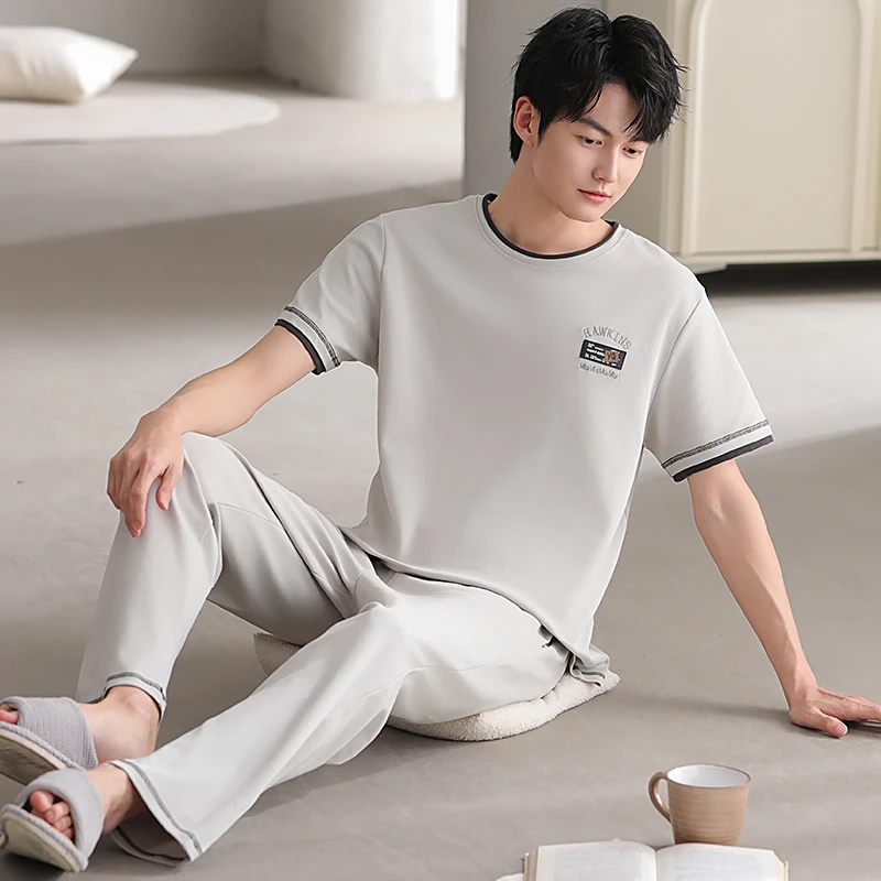 春夏新款男士睡衣短袖长裤薄款两件套宽松大码青年睡衣家居服套装