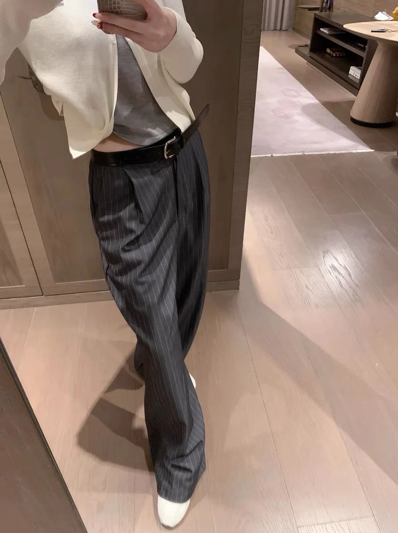 【2398】简#高腰条纹宽松休闲裤【配皮带】