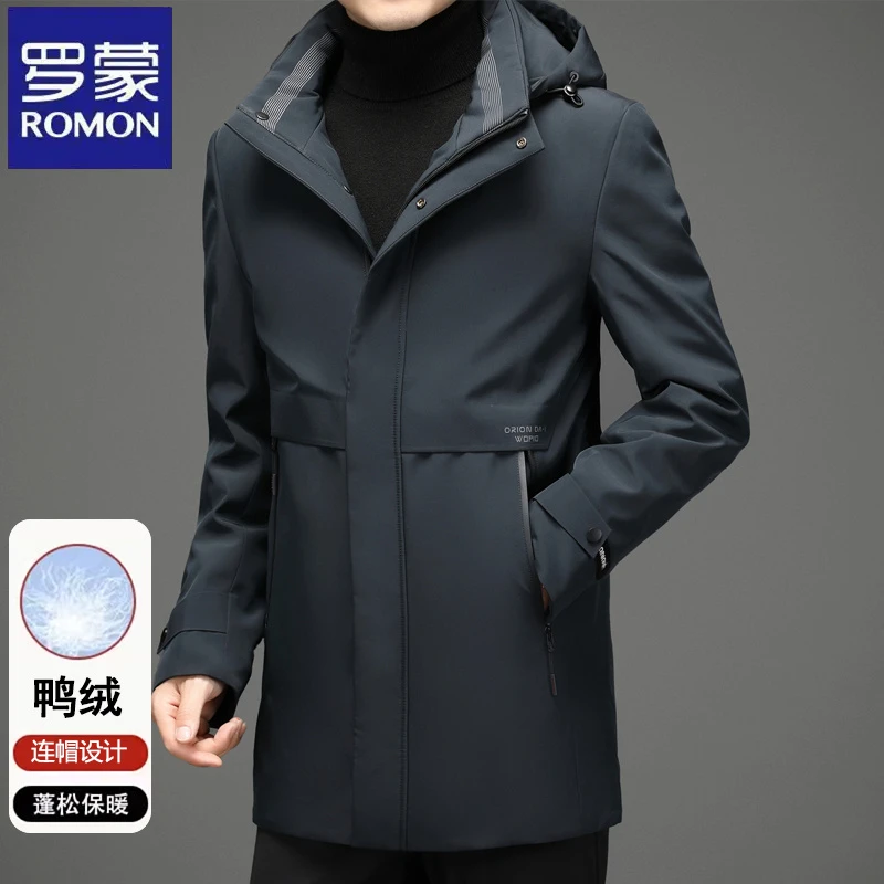 罗蒙冬季高档男士加厚中长款连帽夹克中年商务休闲羽绒服上衣外套