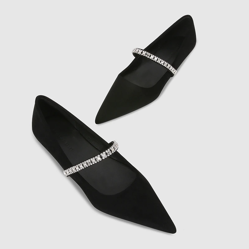 CHUREN&KENET小CK百搭浅口水钻一字带尖头平底平跟单鞋女玛丽珍鞋