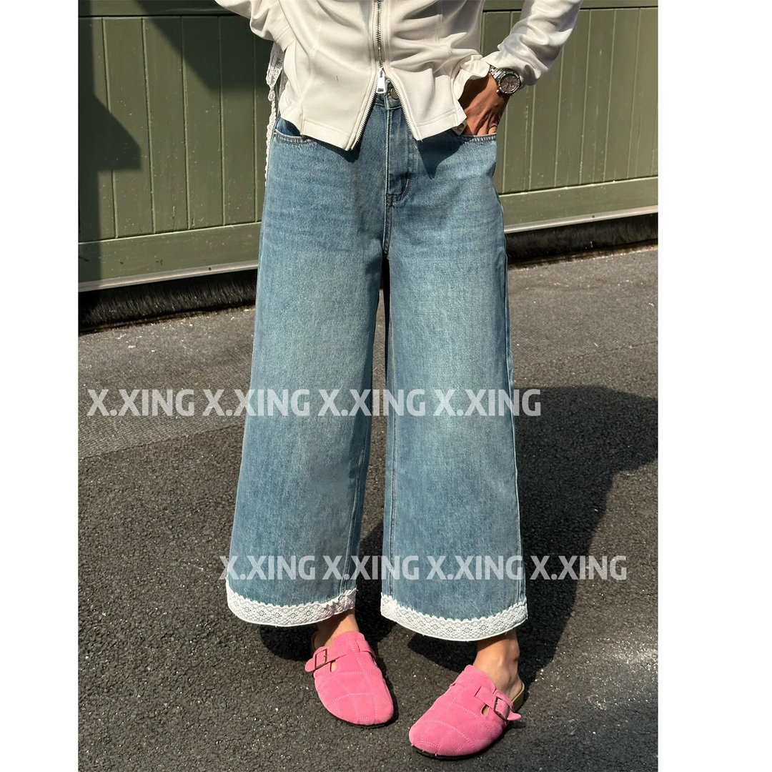 X.x.蕾丝拼接阔腿九分牛仔裤女早春新款女装直筒裤子潮C31-1018
