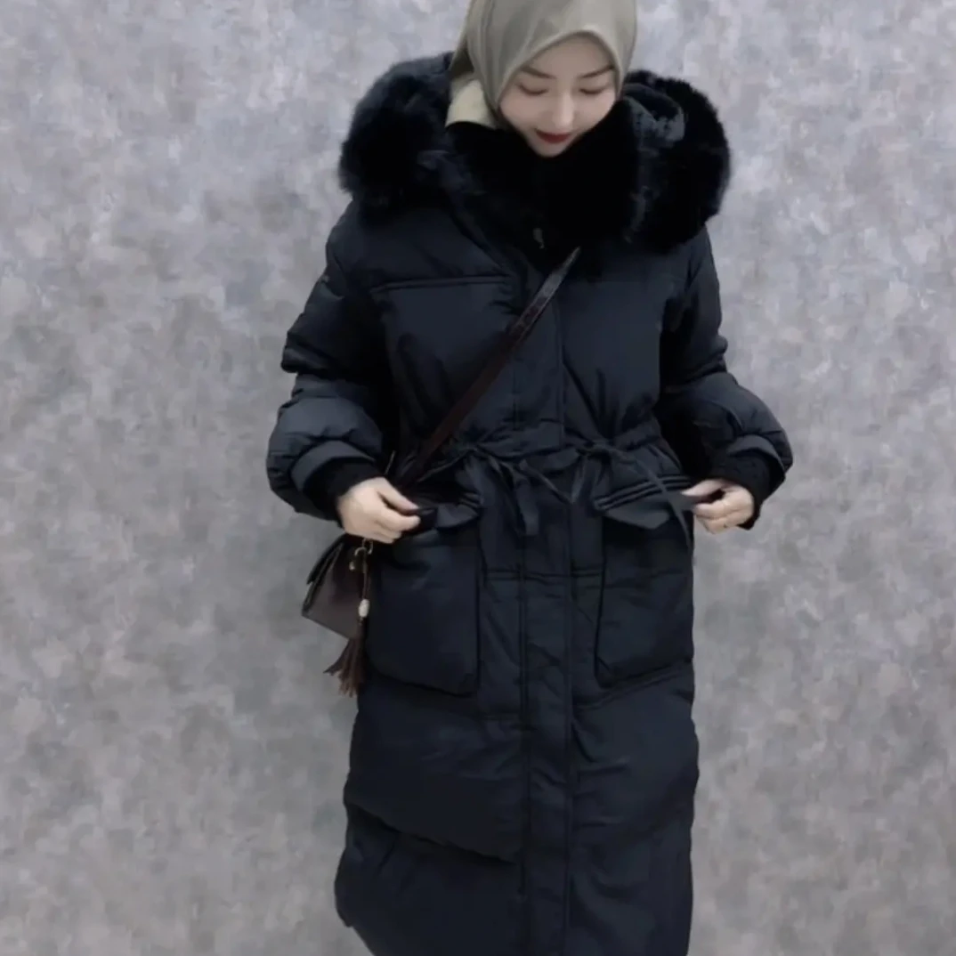女士连帽韩版中长大毛领大口袋加厚百搭冬季外套