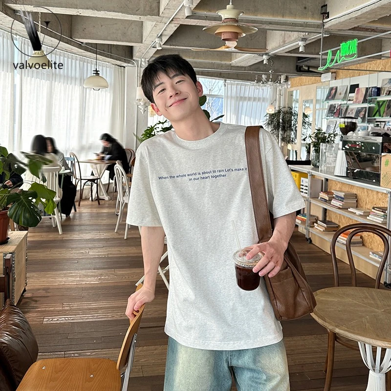 VALVOELITE字母印花圆领短袖恤夏季新款男生宽松百搭休闲上衣全棉