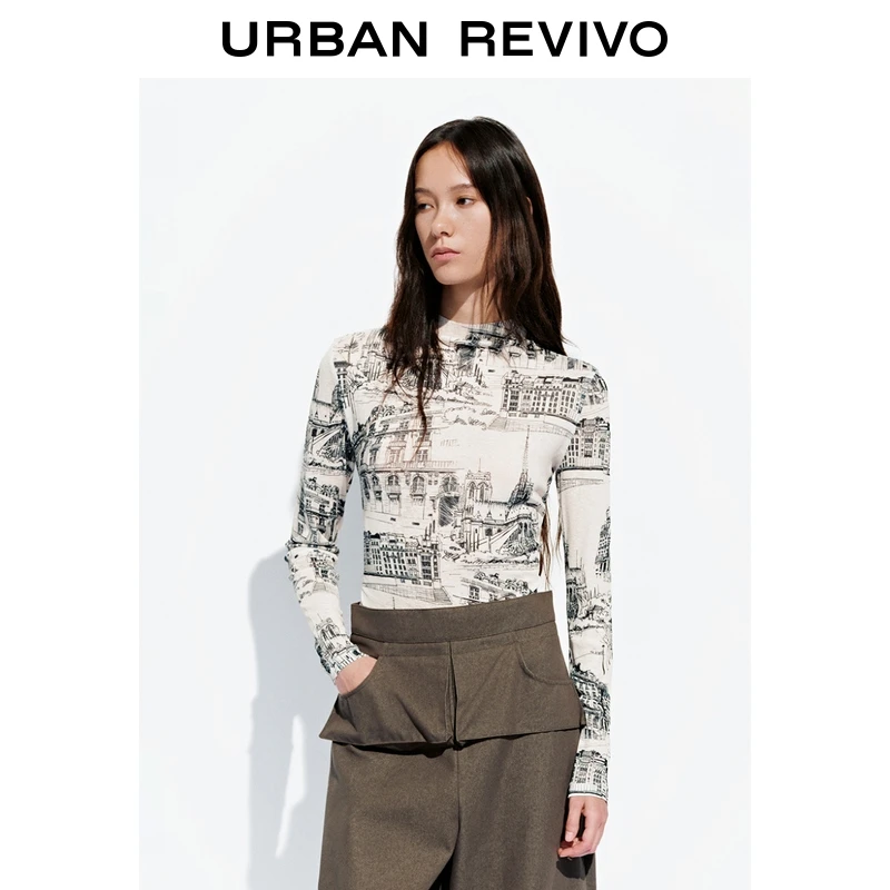 UR2025秋季新款女装都市休闲感建筑印花长袖T恤UWU450014